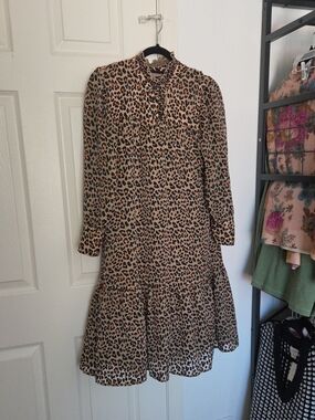 Brigitte Herskind Leopard Print Long Sleeve Tiered Dress - Tan & Black 36